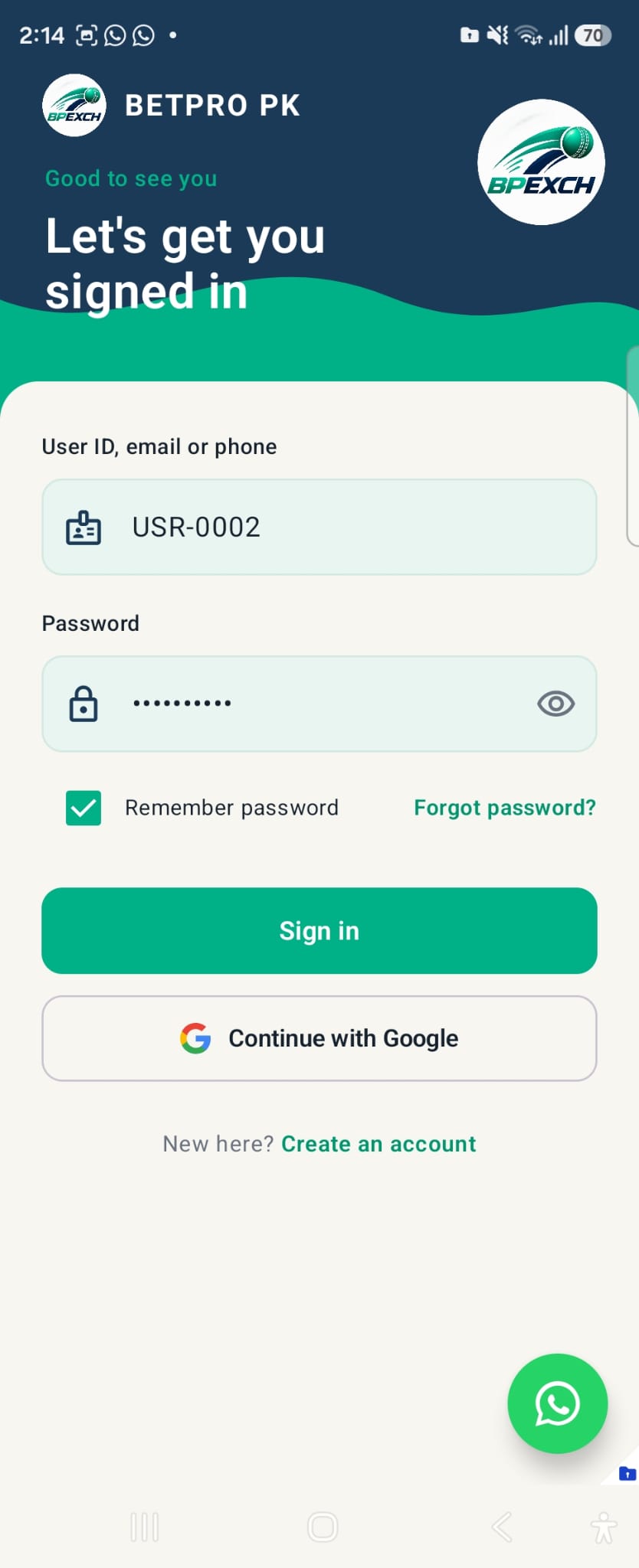 BetPro PK sign in screen