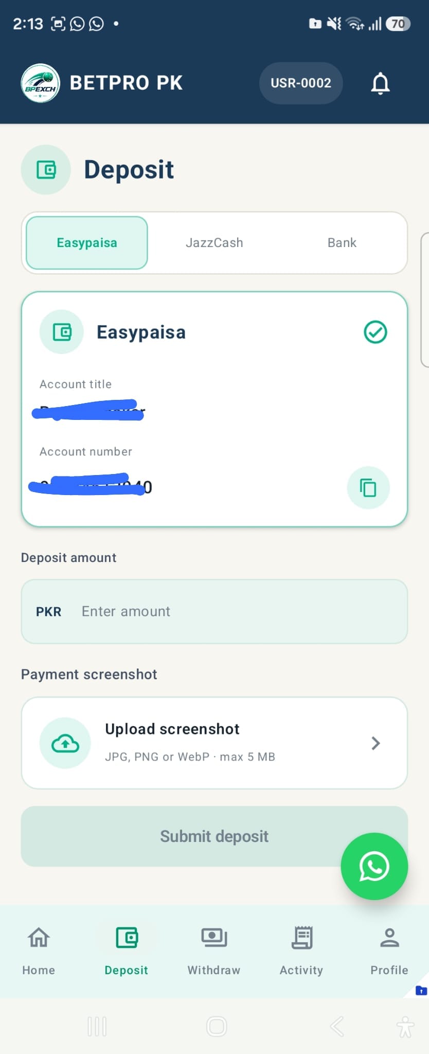 BetPro PK deposit screen