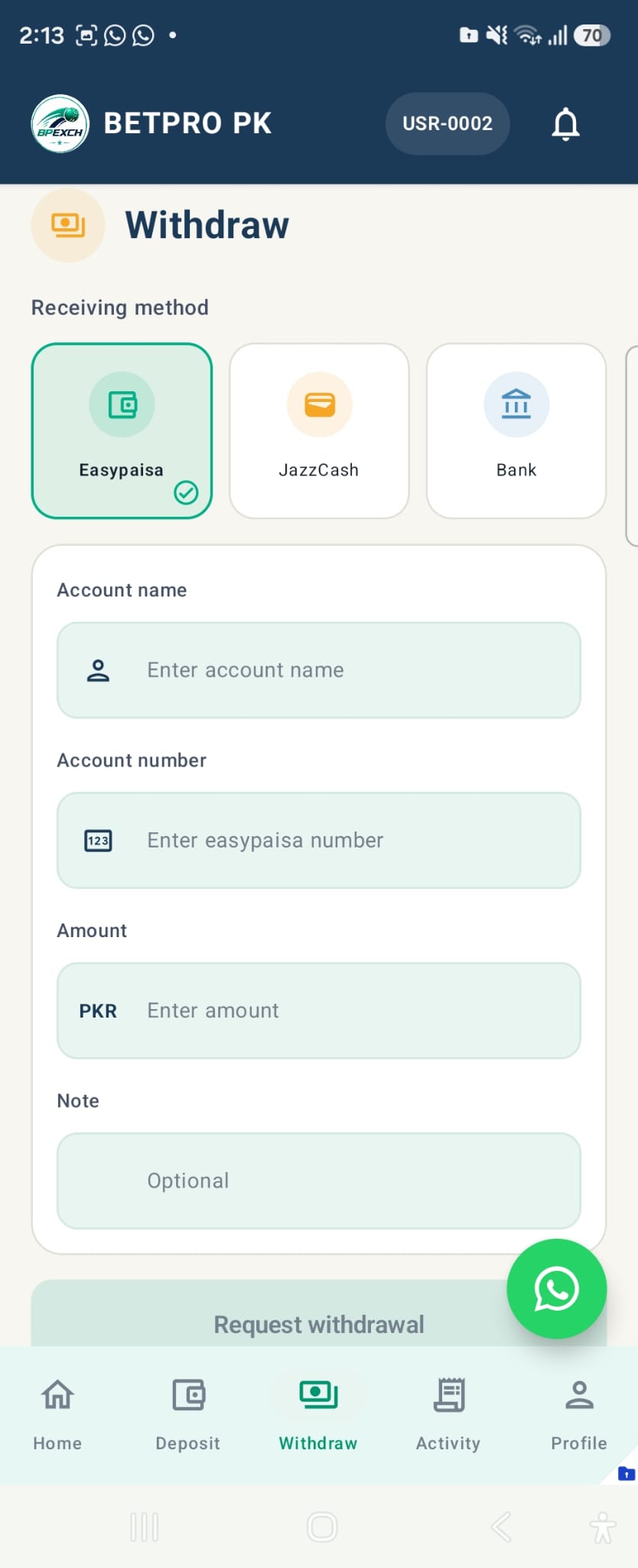 BetPro PK withdrawal screen