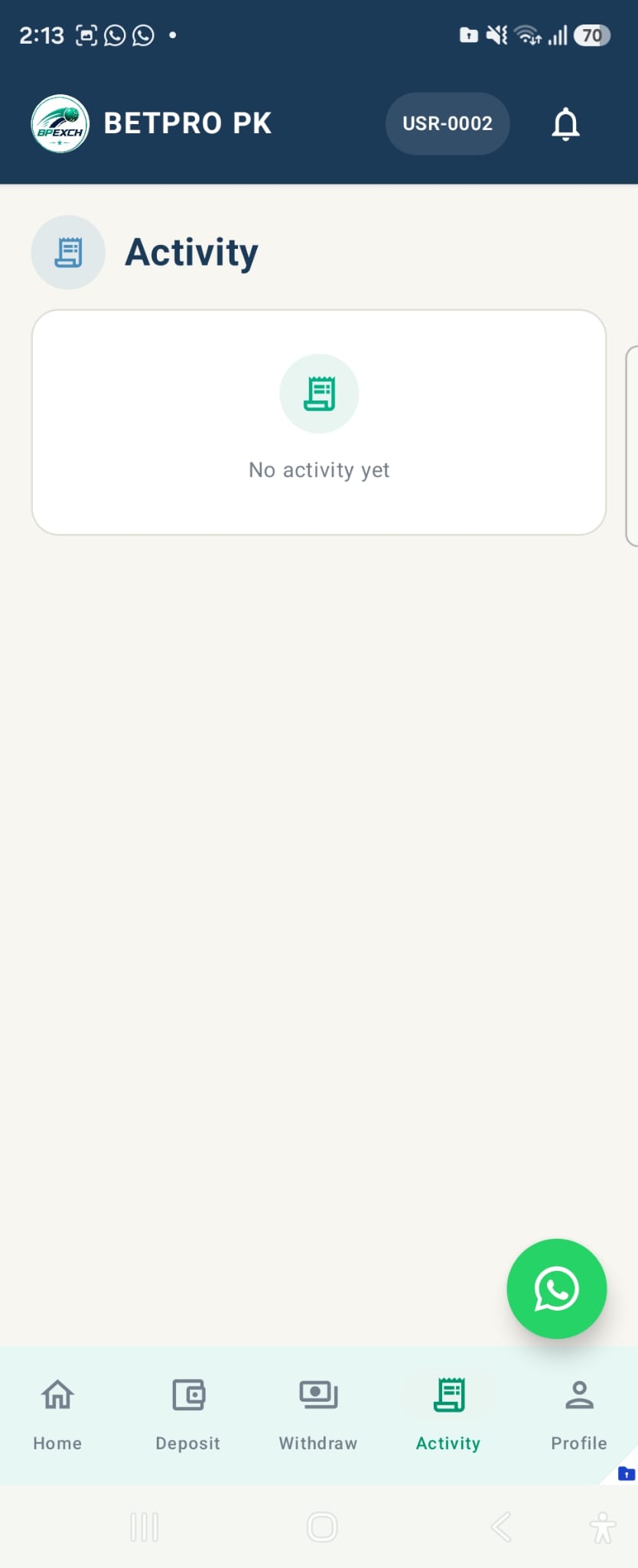 BetPro PK activity screen