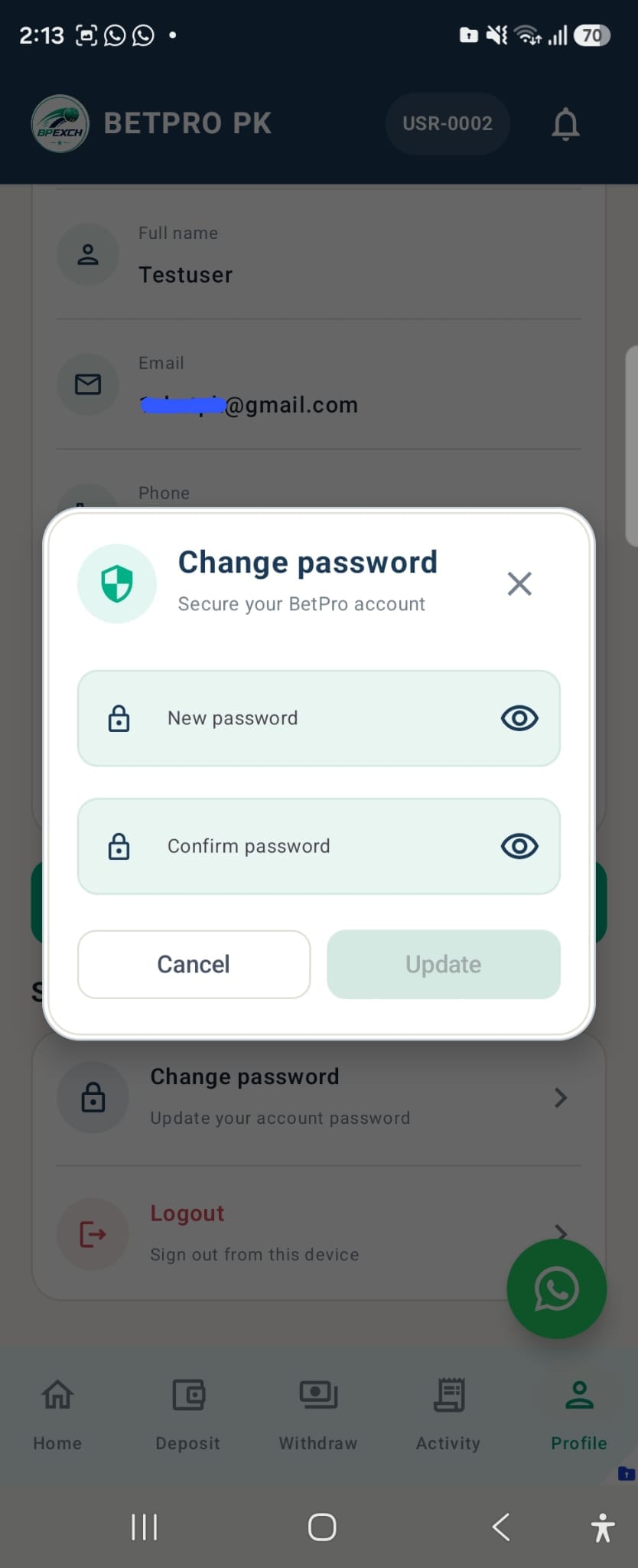 BetPro PK change password screen